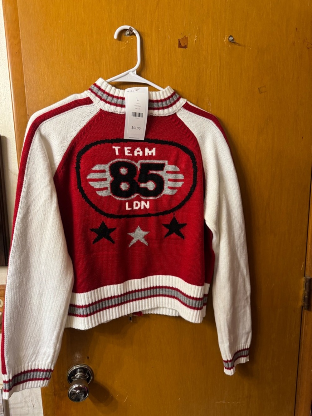 AKIRA Red and White 'Team 85 LDN' Knit Pullover